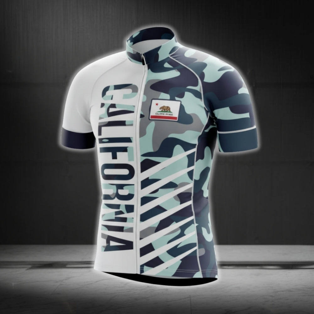 White And Blue Camo California Cycling Short Sleeve Jersey For Men, California Cycling Jerseys CG0572