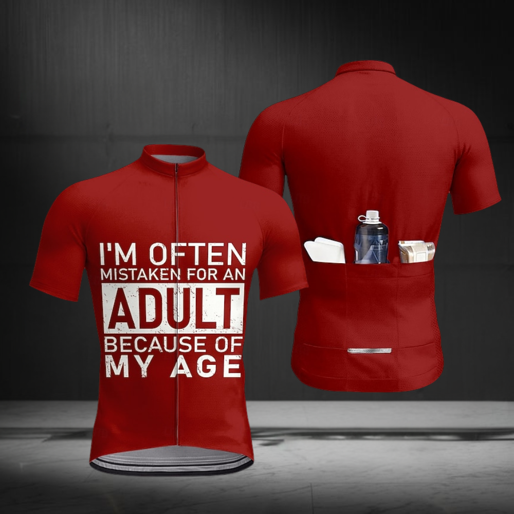 I'm Often Mistaken For An Adult Because Of My Age Short Sleeve Cycling Jersey For Men, Red And White Funny Cycling Jerseys CZ0156