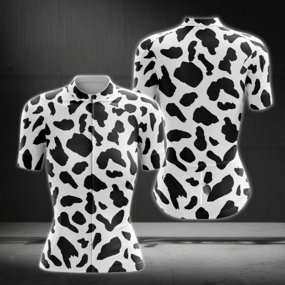 Black And White Cow Fur Women's Cycling Short Sleeve Jersey, Animal Print Cycling Jersey For Womens CE0037
