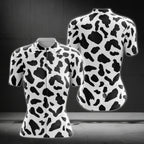 Black And White Cow Fur Women's Cycling Short Sleeve Jersey, Animal Print Cycling Jersey For Womens CE0037