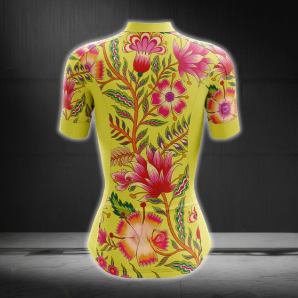 Women's Floral Yellow Cycling Short Sleeve Jersey, Floral Cycling Jerseys CG0221
