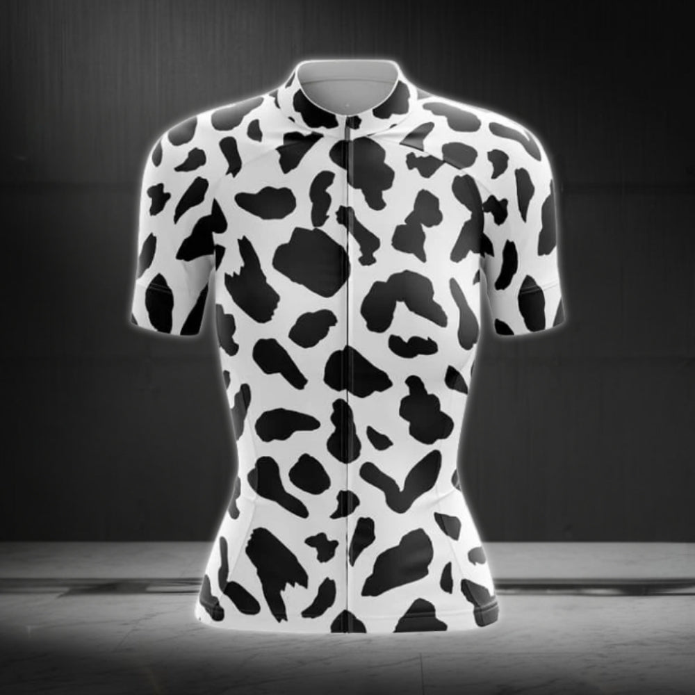 Black And White Cow Fur Women's Cycling Short Sleeve Jersey, Animal Print Cycling Jersey For Womens CE0037