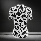 Black And White Cow Fur Women's Cycling Short Sleeve Jersey, Animal Print Cycling Jersey For Womens CE0037