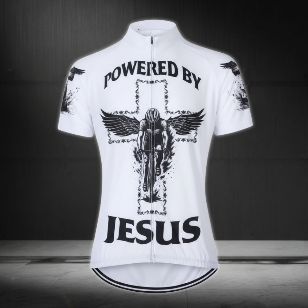 Powered By Jesus Men's White Cycling Short Sleeve Jerseys, Christian Cycling Jerseys For Mens CE0038