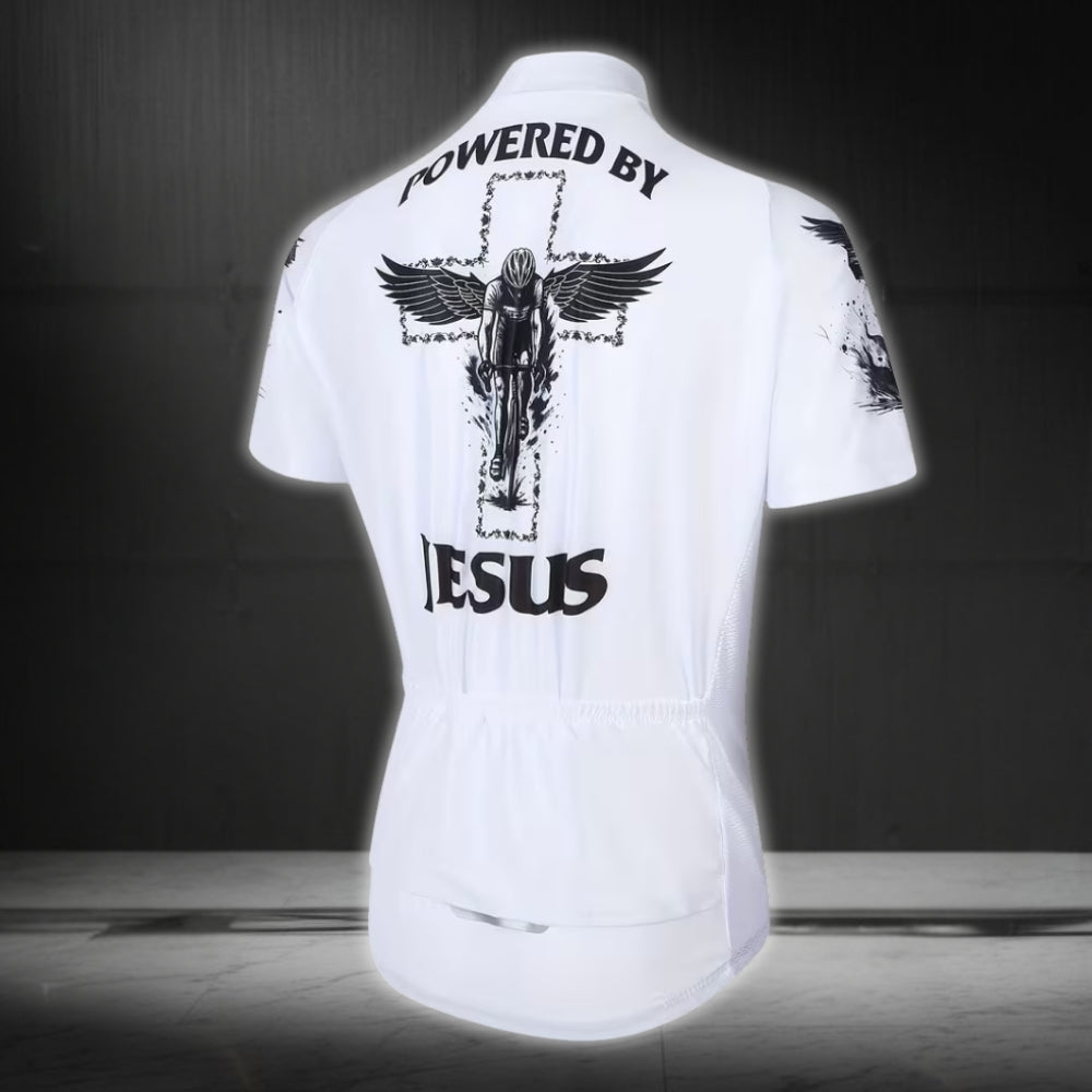 Powered By Jesus Men's White Cycling Short Sleeve Jerseys, Christian Cycling Jerseys For Mens CE0038