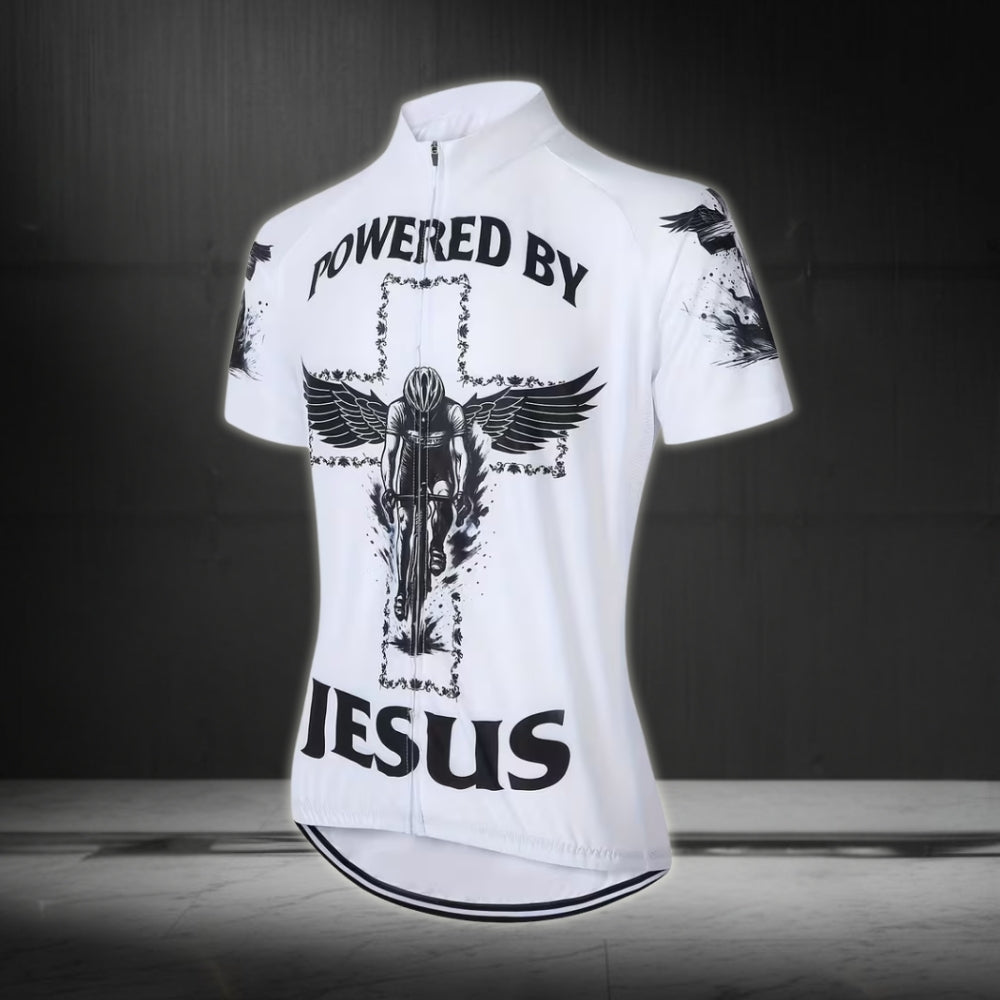 Powered By Jesus Men's White Cycling Short Sleeve Jerseys, Christian Cycling Jerseys For Mens CE0038