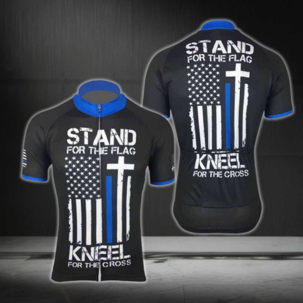 Stand For The FLag Kneel For The Cross Men's USA Flag Cycling Short Sleeve Jersey, Christian Patriotic Cycling Jerseys CG0354