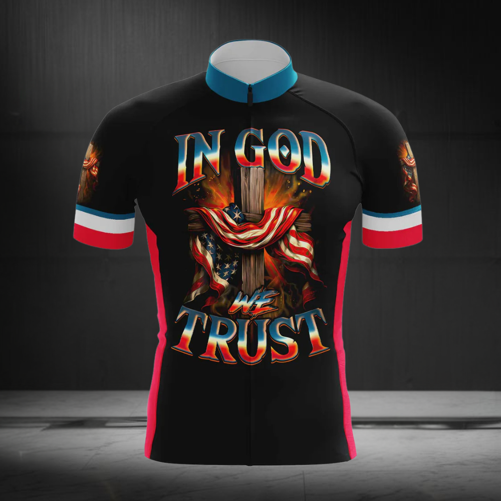 In God We Trust American Flag Cross Cycling Short Sleeve Jersey For Men, Patriotic God Cycling Jerseys CG0688