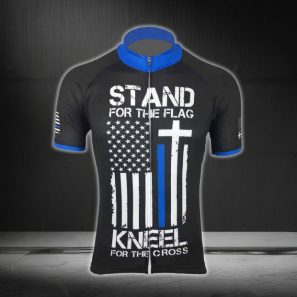 Stand For The FLag Kneel For The Cross Men's USA Flag Cycling Short Sleeve Jersey, Christian Patriotic Cycling Jerseys CG0354