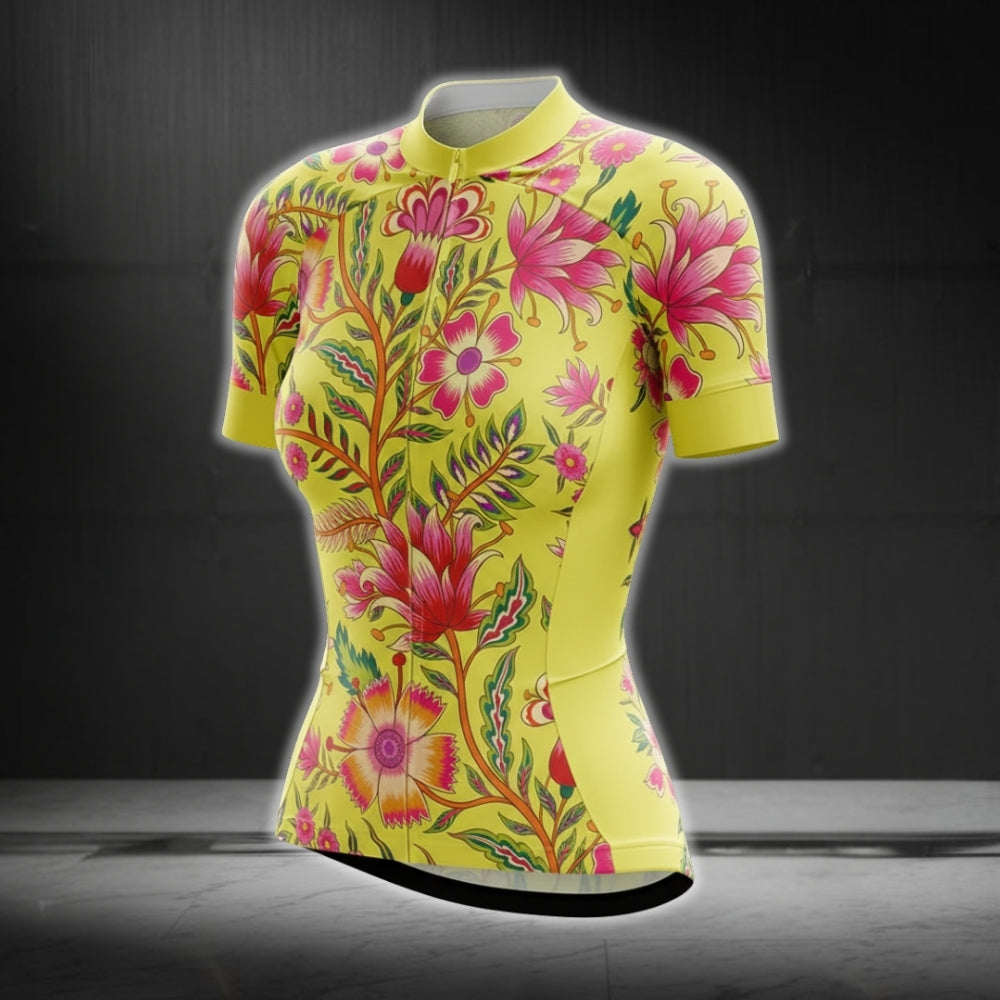 Women's Floral Yellow Cycling Short Sleeve Jersey, Floral Cycling Jerseys CG0221