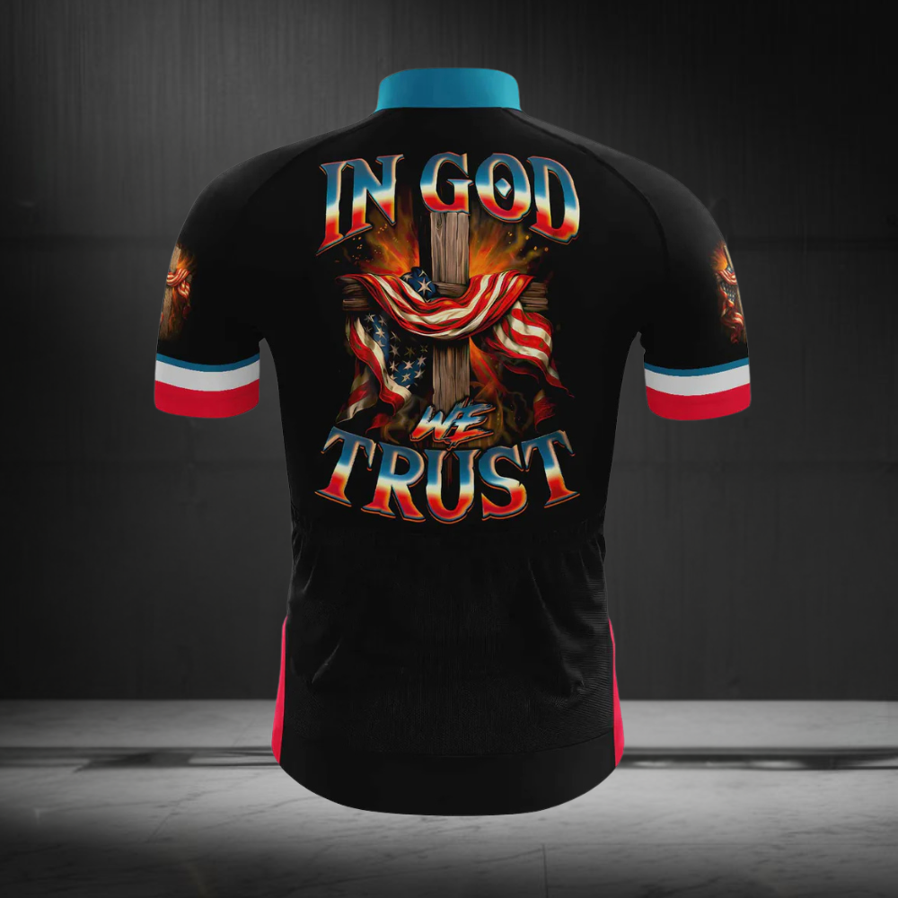 In God We Trust American Flag Cross Cycling Short Sleeve Jersey For Men, Patriotic God Cycling Jerseys CG0688