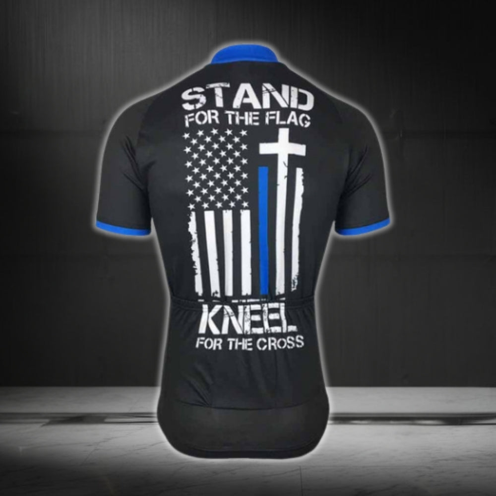 Stand For The FLag Kneel For The Cross Men's USA Flag Cycling Short Sleeve Jersey, Christian Patriotic Cycling Jerseys CG0354