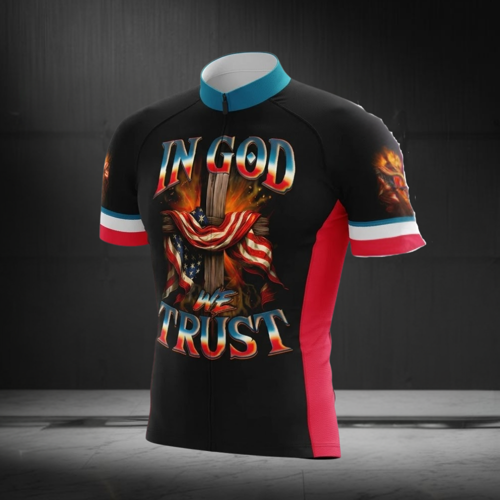 In God We Trust American Flag Cross Cycling Short Sleeve Jersey For Men, Patriotic God Cycling Jerseys CG0688
