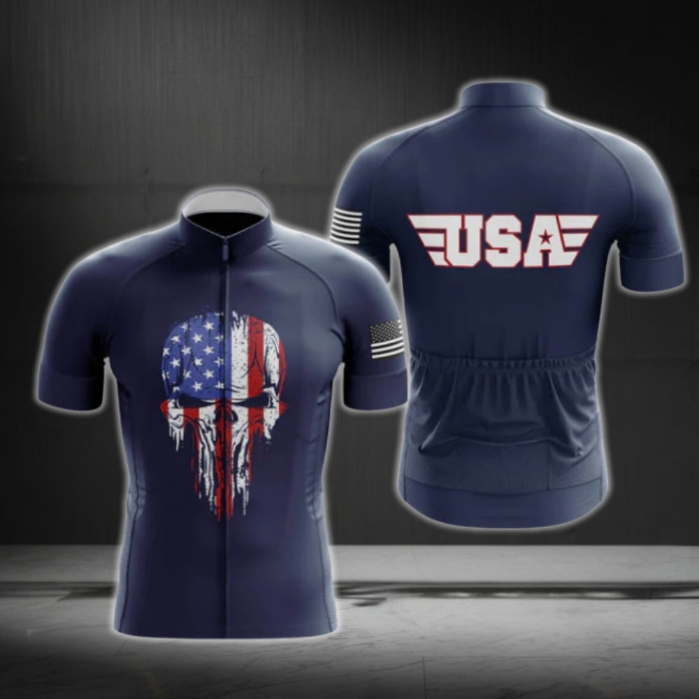 American Flag Skull Cycling Short Sleeve Jersey For Men, Skull Patriotic Cycling Jerseys CG0579