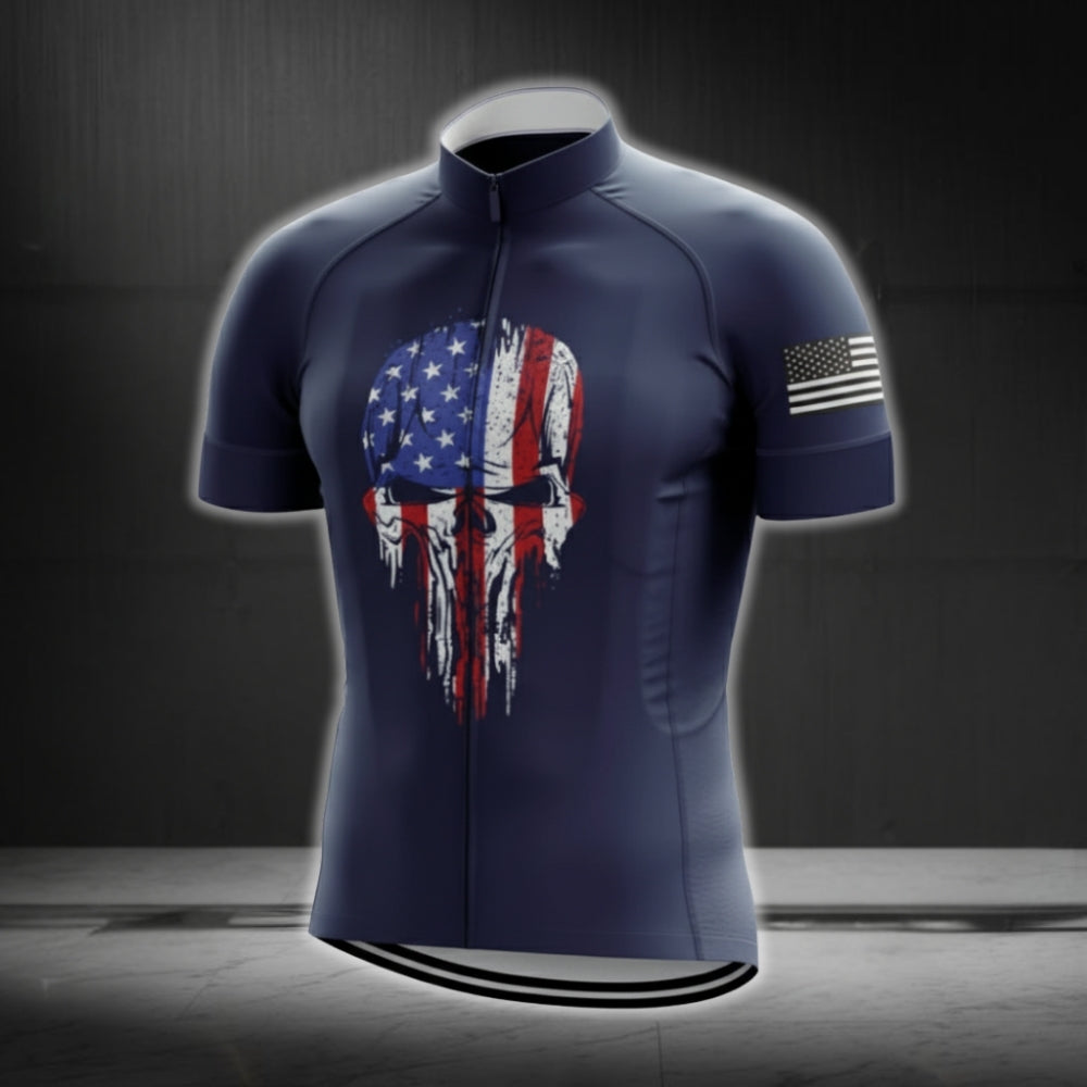 American Flag Skull Cycling Short Sleeve Jersey For Men, Skull Patriotic Cycling Jerseys CG0579