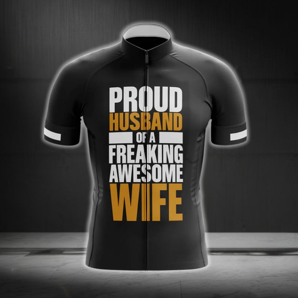 Proud Husband Of A Freaking Awesome Wife Short Sleeve Cycling Jersey For Husband, Funny Husband Cycling Jerseys CG0231