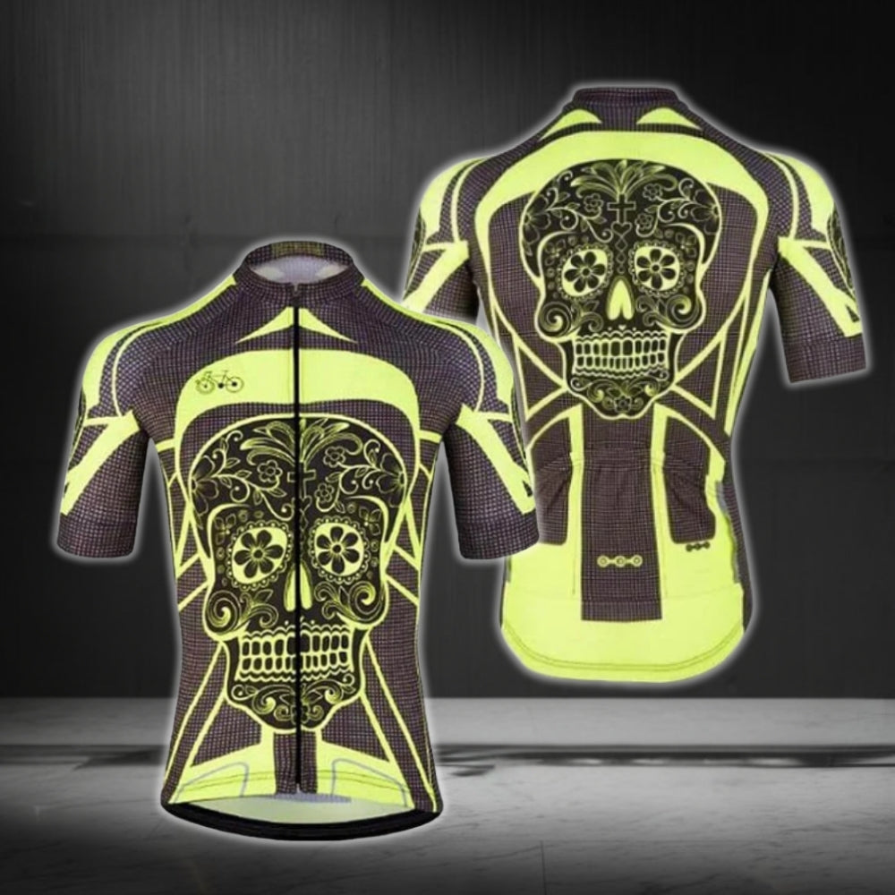 Black And Yellow Sugar Skull Cycling Short Sleeve Men's Jersey, Day Of The Dead Cycling Jerseys CG0455