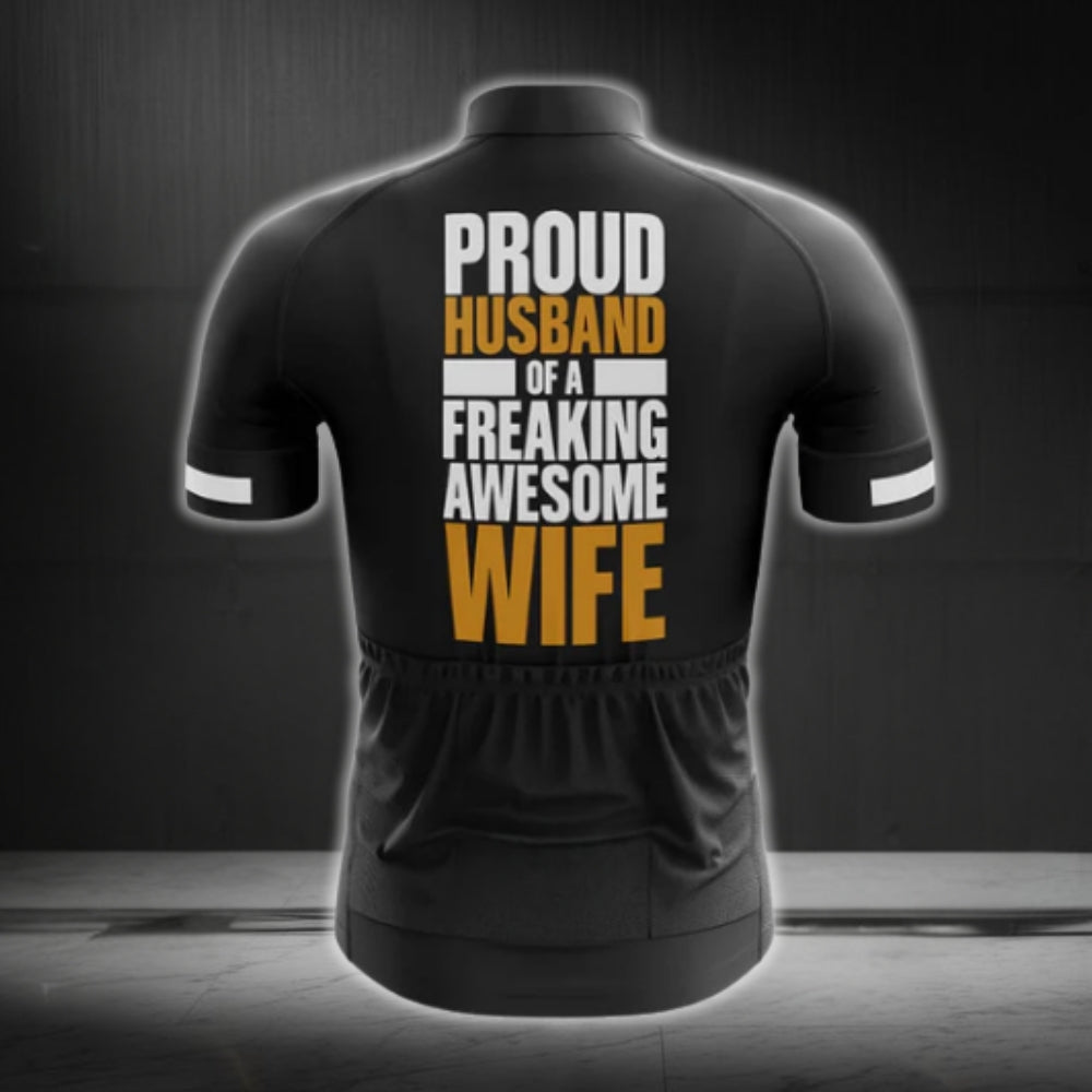 Proud Husband Of A Freaking Awesome Wife Short Sleeve Cycling Jersey For Husband, Funny Husband Cycling Jerseys CG0231