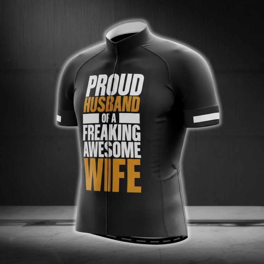 Proud Husband Of A Freaking Awesome Wife Short Sleeve Cycling Jersey For Husband, Funny Husband Cycling Jerseys CG0231