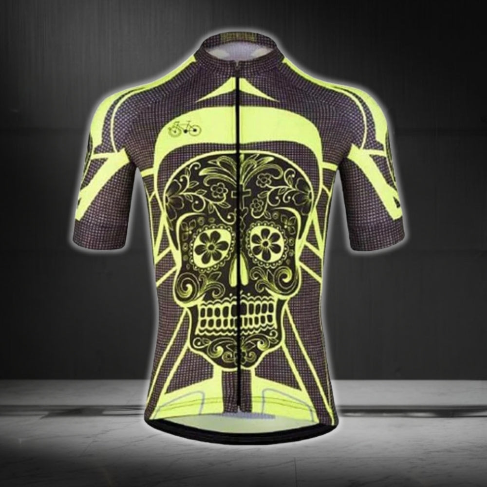 Black And Yellow Sugar Skull Cycling Short Sleeve Men's Jersey, Day Of The Dead Cycling Jerseys CG0455