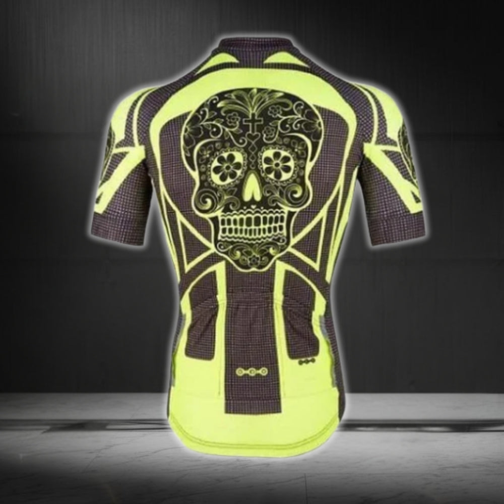 Black And Yellow Sugar Skull Cycling Short Sleeve Men's Jersey, Day Of The Dead Cycling Jerseys CG0455