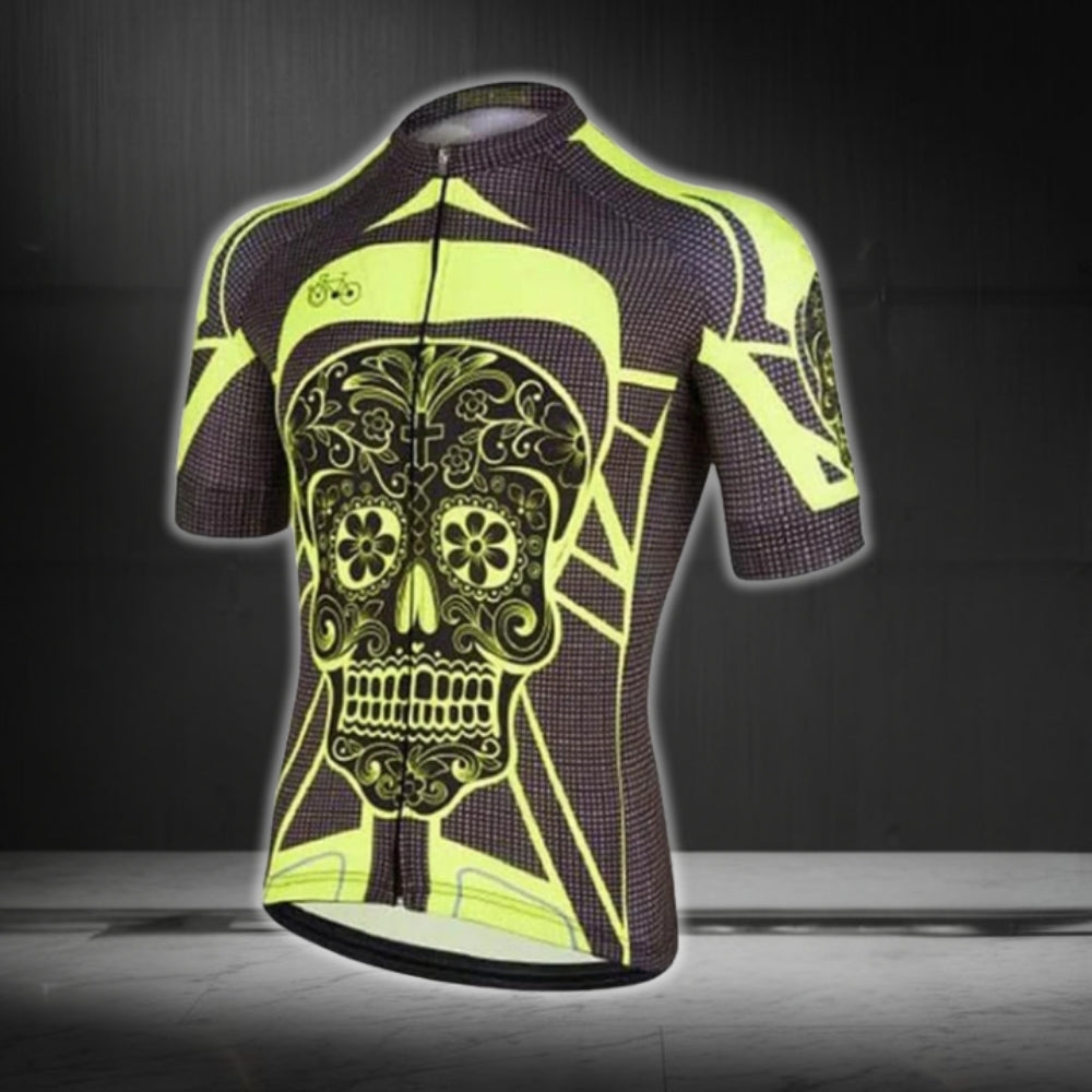 Black And Yellow Sugar Skull Cycling Short Sleeve Men's Jersey, Day Of The Dead Cycling Jerseys CG0455