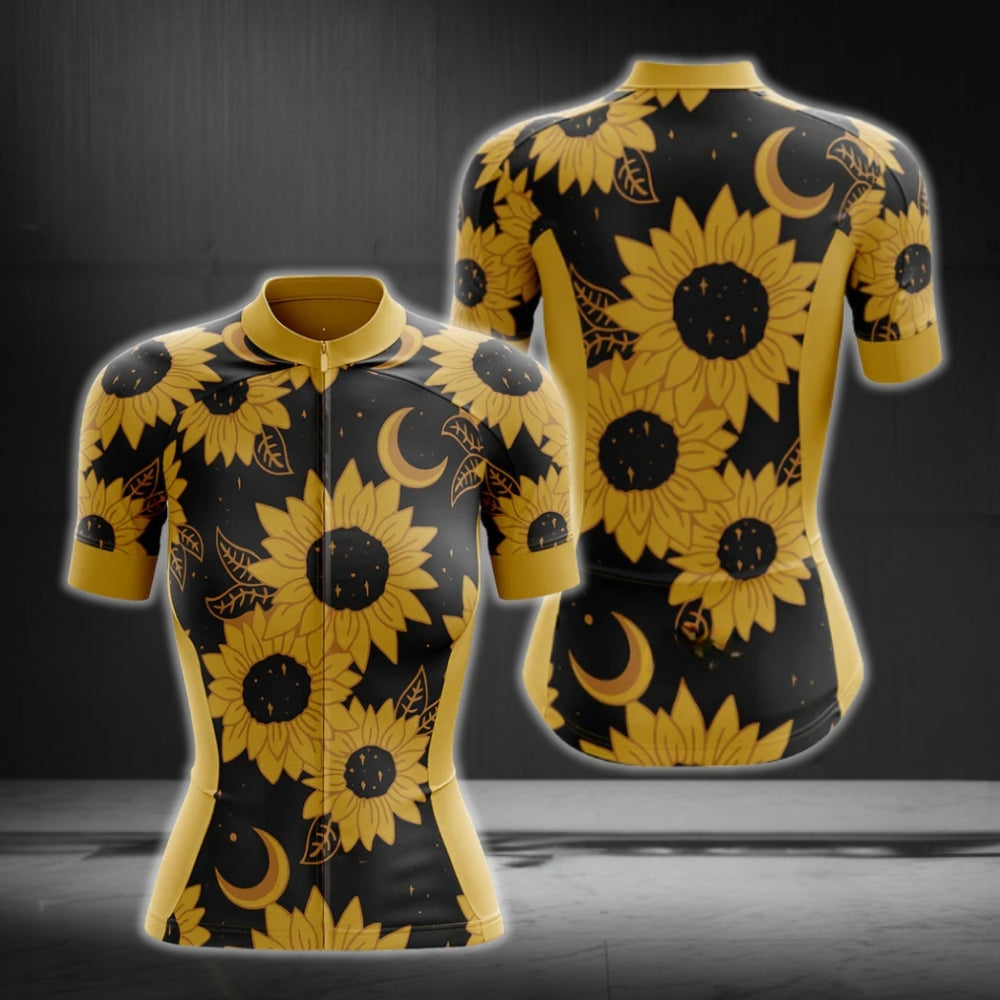 Black And Yellow Sunflowers Short Sleeve Women's Cycling Jerseys, Sunflowers Cycling Jerseys CG0222