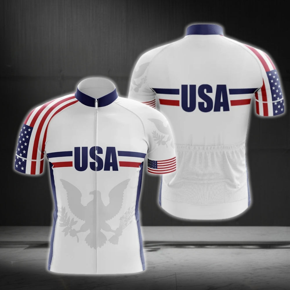 USA Flag Men's White Cycling Short Sleeve Jersey, Patriotic Cycling Jerseys CG0130