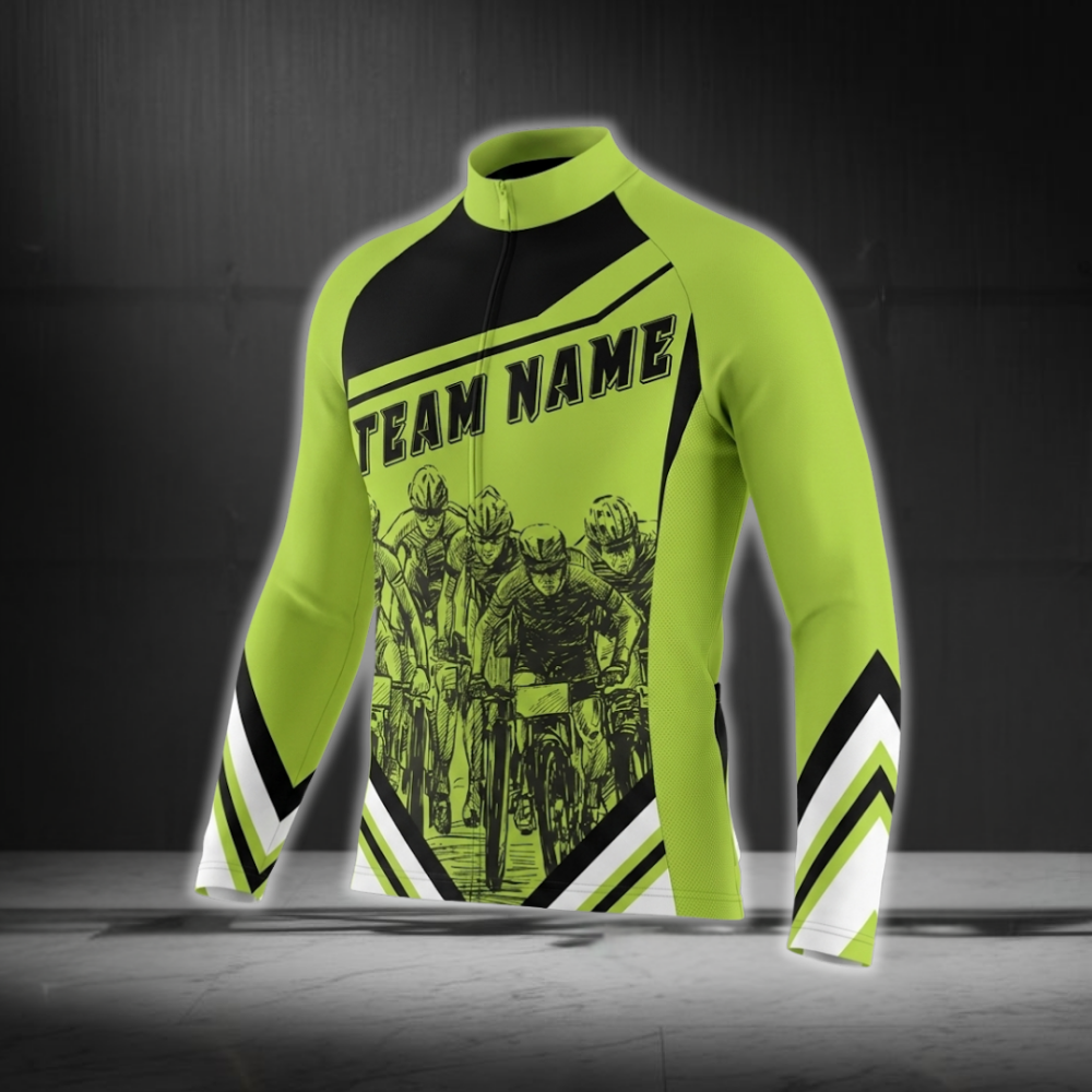 Custom Team Black And Lime Greem Cycling Long Sleeve Jersey For Men, Custom Cycling Jersey CZ0017