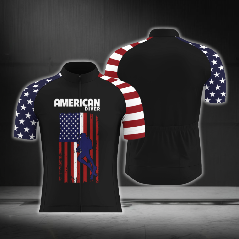 American Diver USA Flag Men's Black Cycling Short Sleeve Jersey, Patriotic Cycling Jersey CG0885