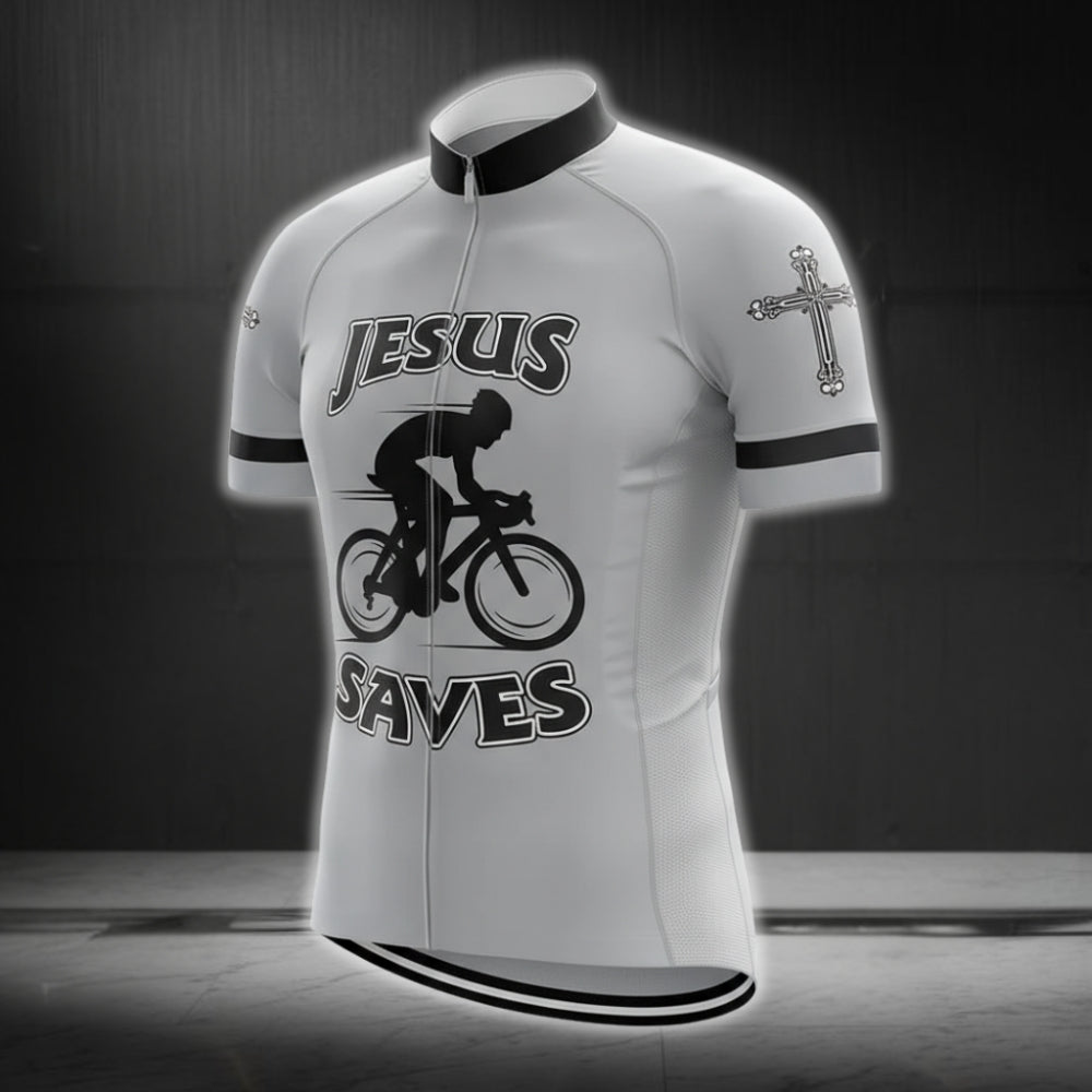 Jesus Saves Men's Grey Cycling Short Sleeve Jersey, Christian Cycling Jerseys CG0233