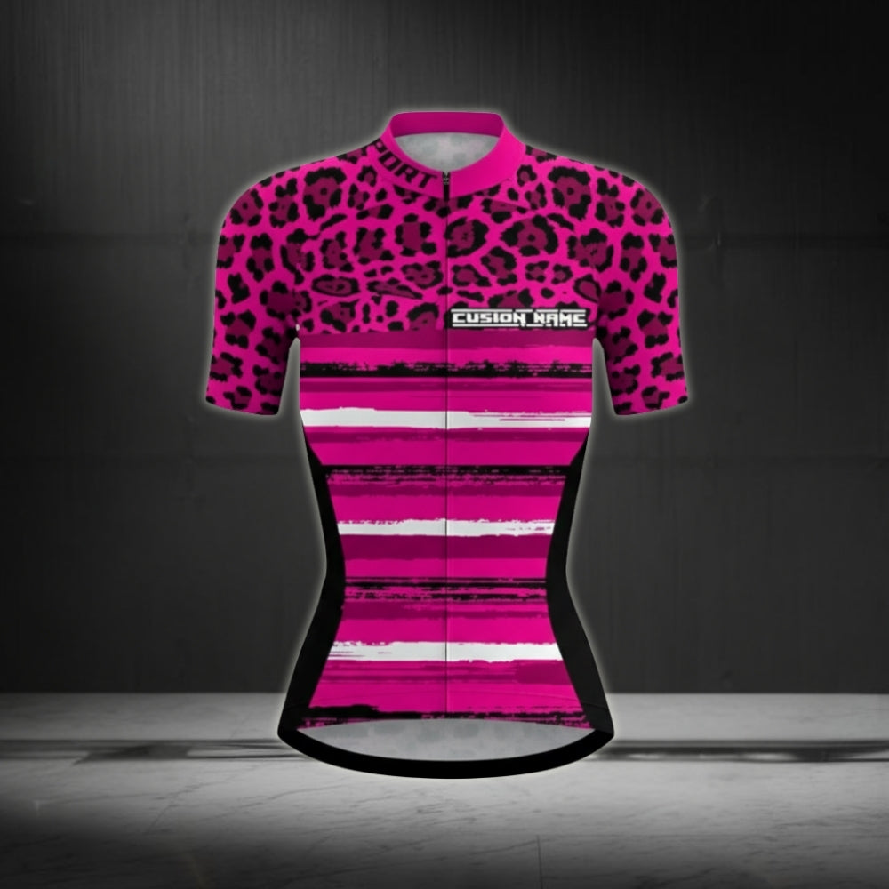 Custom Pink Leopard Cycling Short Sleeve Jersey Women, Custom Cycling Jersey For Women CZ0012