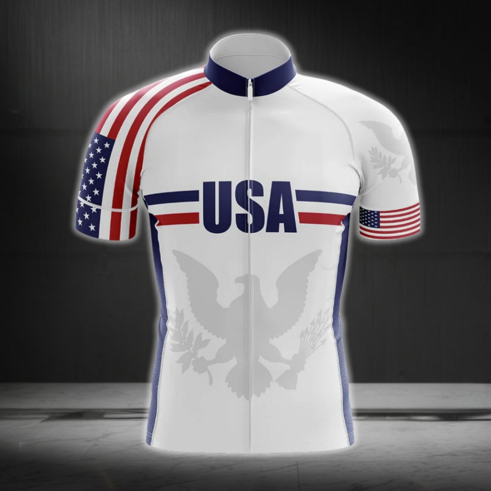 USA Flag Men's White Cycling Short Sleeve Jersey, Patriotic Cycling Jerseys CG0130