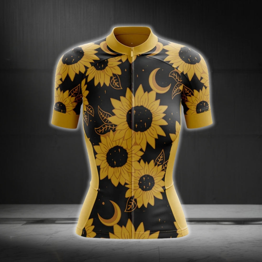 Black And Yellow Sunflowers Short Sleeve Women's Cycling Jerseys, Sunflowers Cycling Jerseys CG0222