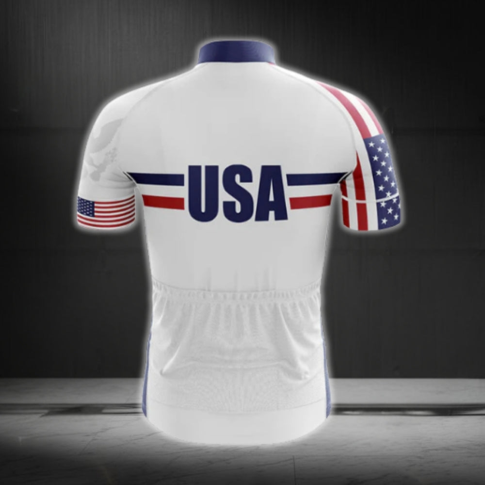 USA Flag Men's White Cycling Short Sleeve Jersey, Patriotic Cycling Jerseys CG0130