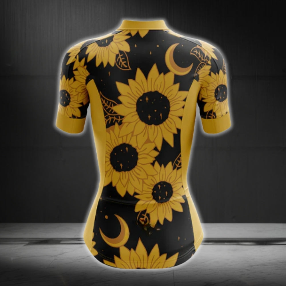 Black And Yellow Sunflowers Short Sleeve Women's Cycling Jerseys, Sunflowers Cycling Jerseys CG0222