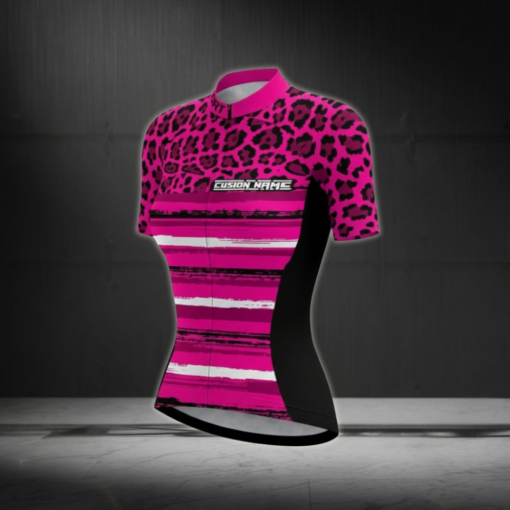 Custom Pink Leopard Cycling Short Sleeve Jersey Women, Custom Cycling Jersey For Women CZ0012