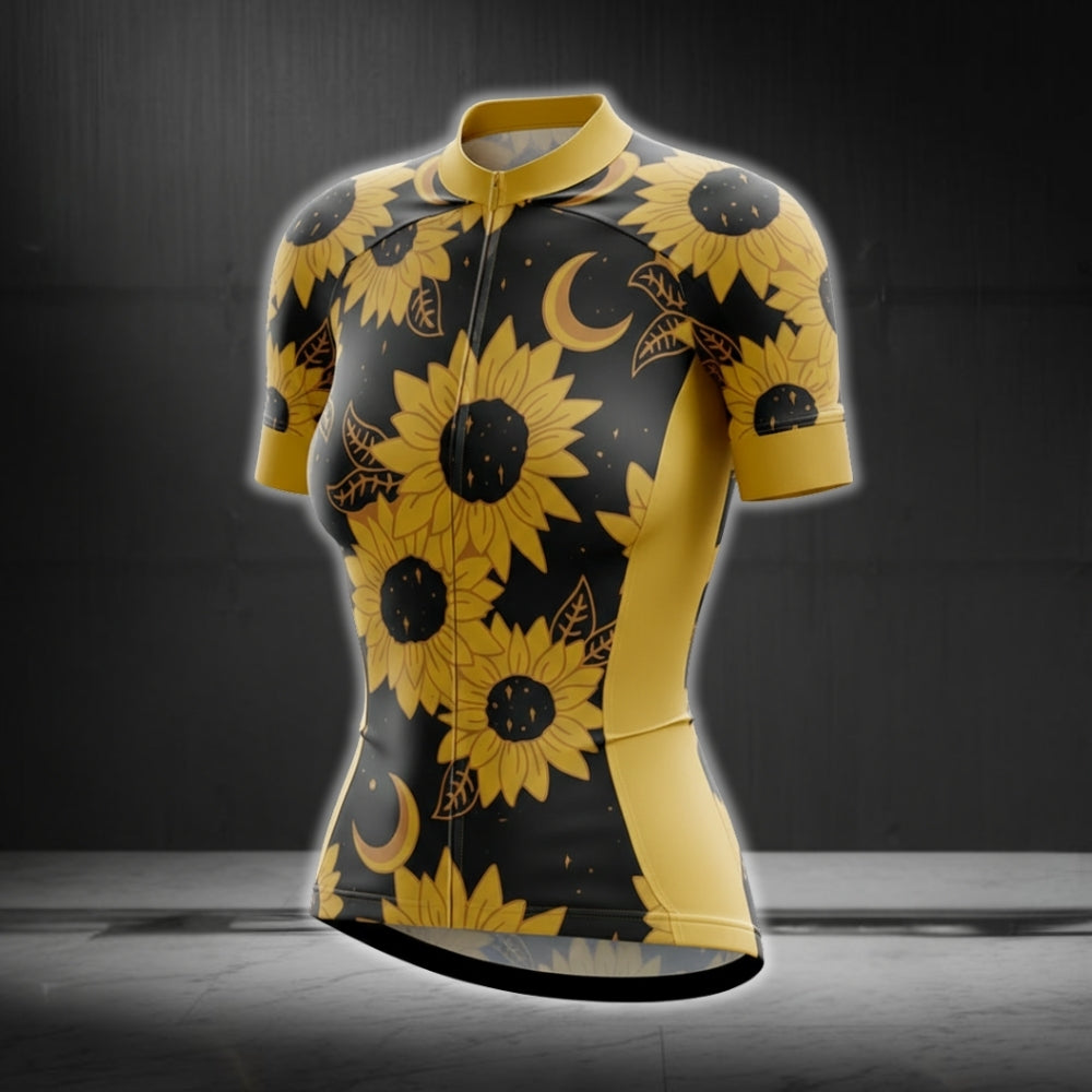 Black And Yellow Sunflowers Short Sleeve Women's Cycling Jerseys, Sunflowers Cycling Jerseys CG0222