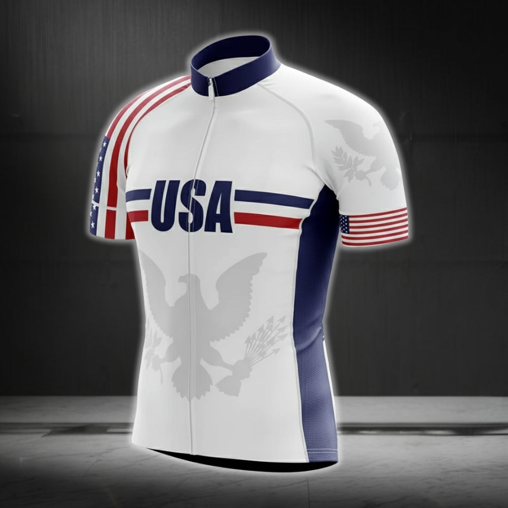 USA Flag Men's White Cycling Short Sleeve Jersey, Patriotic Cycling Jerseys CG0130