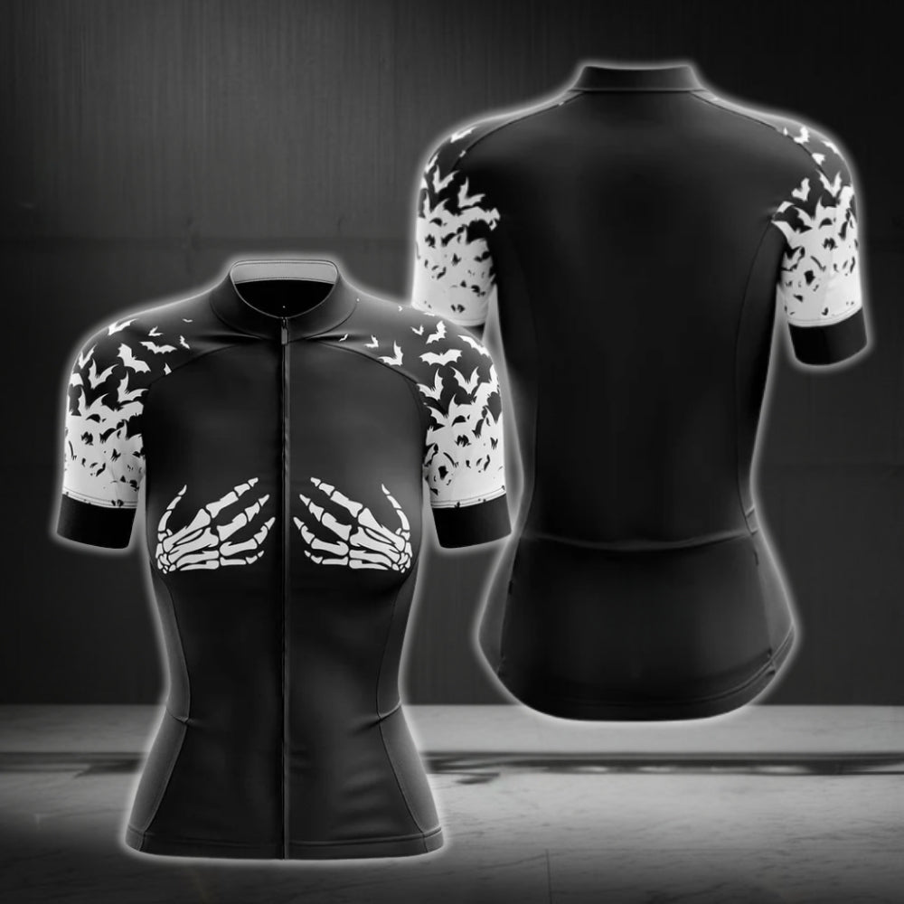 Black And White Skeleton Hand Cycling Short Sleeve Jerseys For Women, Skeleton Cycling Jerseys For Ladies CG0223