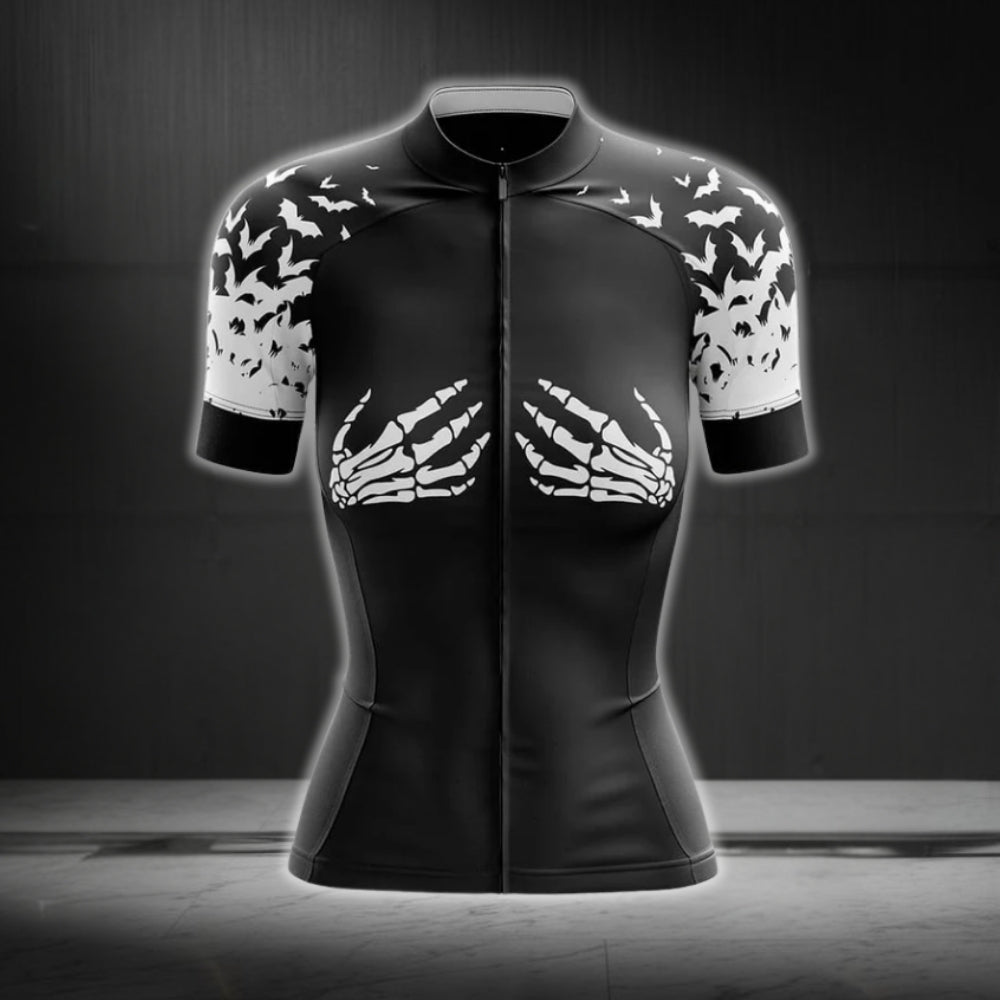 Black And White Skeleton Hand Cycling Short Sleeve Jerseys For Women, Skeleton Cycling Jerseys For Ladies CG0223