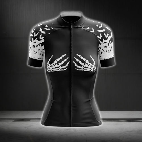 Black And White Skeleton Hand Cycling Short Sleeve Jerseys For Women, Skeleton Cycling Jerseys For Ladies CG0223