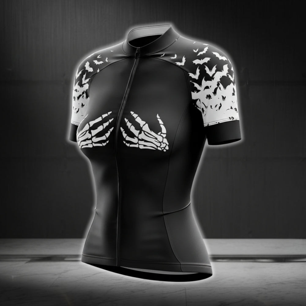 Black And White Skeleton Hand Cycling Short Sleeve Jerseys For Women, Skeleton Cycling Jerseys For Ladies CG0223