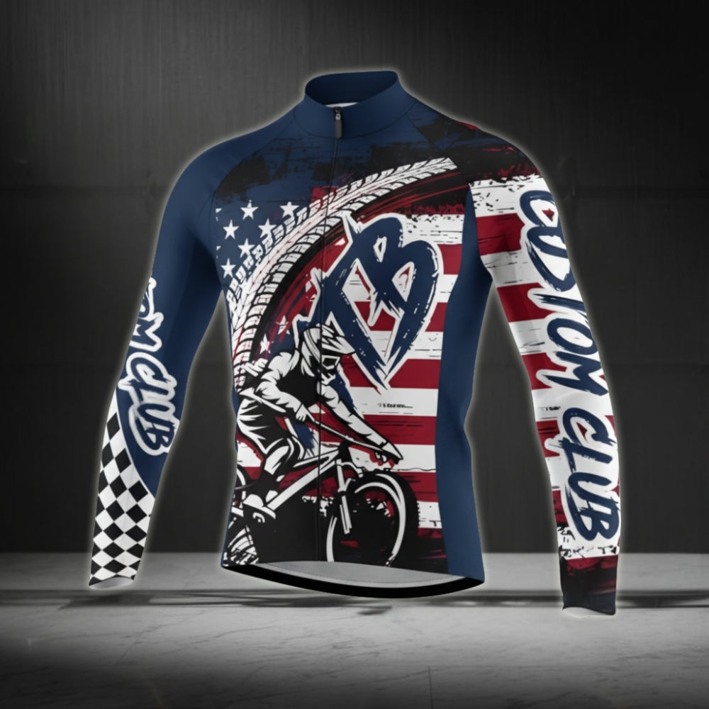 Custom USA Flag MTB Cycle Long Sleeve Jersey For Mens, Custom Patriotic Cycling MTB Jerseys For Team CZ0115