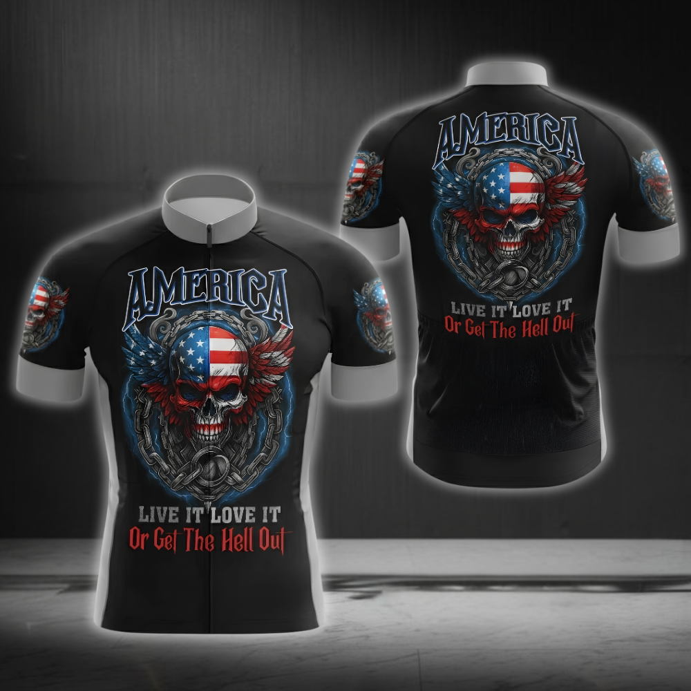 Live It Love It Or Get The Hell Out Men's American Flag Skull Cycling Short Sleeve Jersey, Patriotic Skull Cycling Jersey CG0845