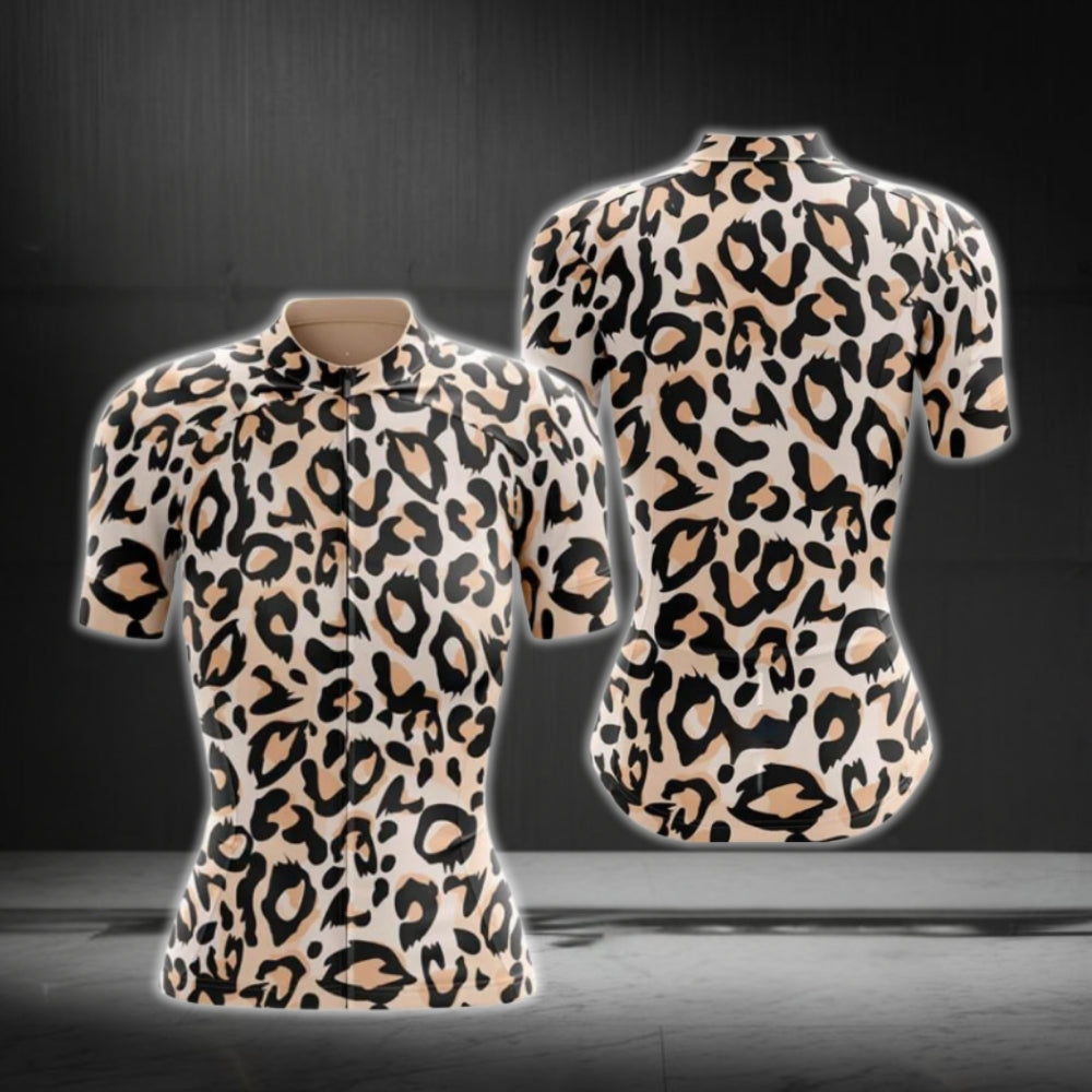 Black And Beige Leopard Cycling Short Sleeve Jersey Women, Leopard Cycling Jersey For Ladies CG0743