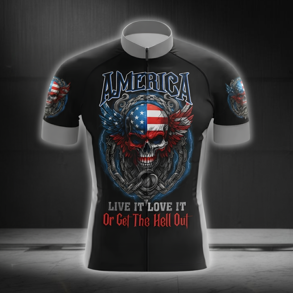 Live It Love It Or Get The Hell Out Men's American Flag Skull Cycling Short Sleeve Jersey, Patriotic Skull Cycling Jersey CG0845
