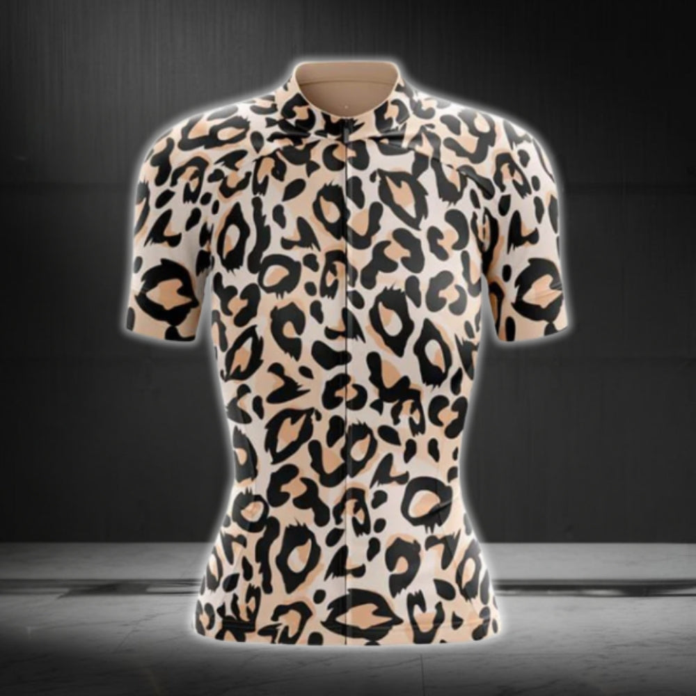 Black And Beige Leopard Cycling Short Sleeve Jersey Women, Leopard Cycling Jersey For Ladies CG0743