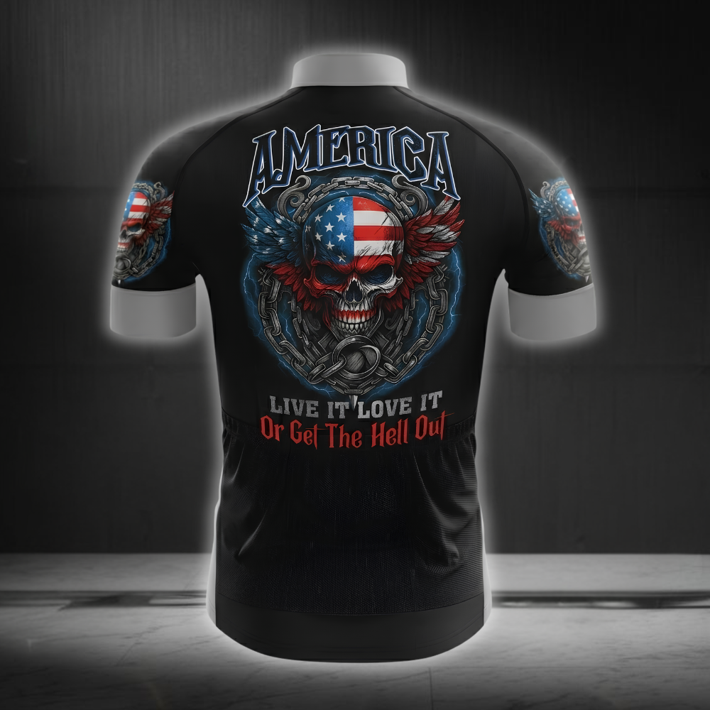 Live It Love It Or Get The Hell Out Men's American Flag Skull Cycling Short Sleeve Jersey, Patriotic Skull Cycling Jersey CG0845