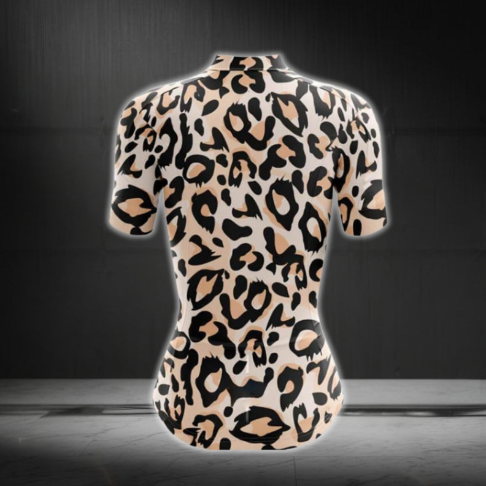 Black And Beige Leopard Cycling Short Sleeve Jersey Women, Leopard Cycling Jersey For Ladies CG0743
